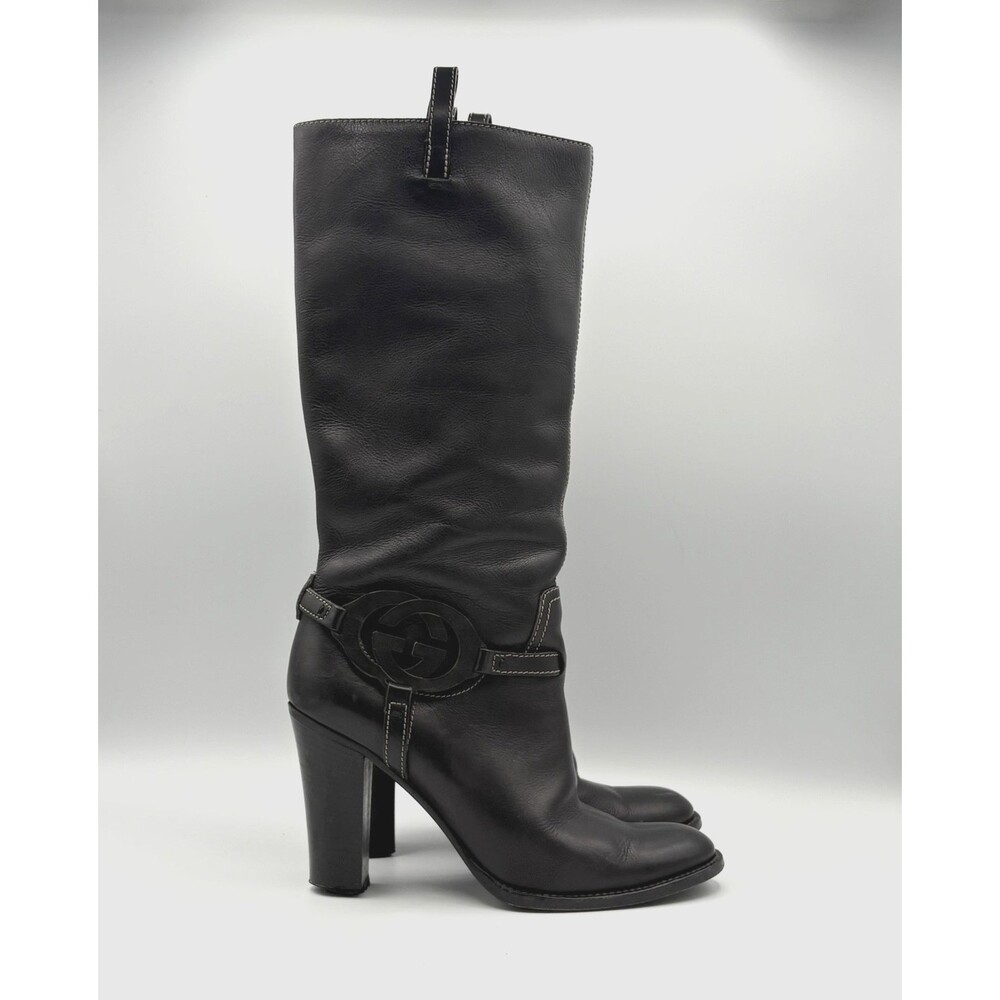 Gucci Brown Leather GG Logo Western Style Knee High Boots Size EU 36.5